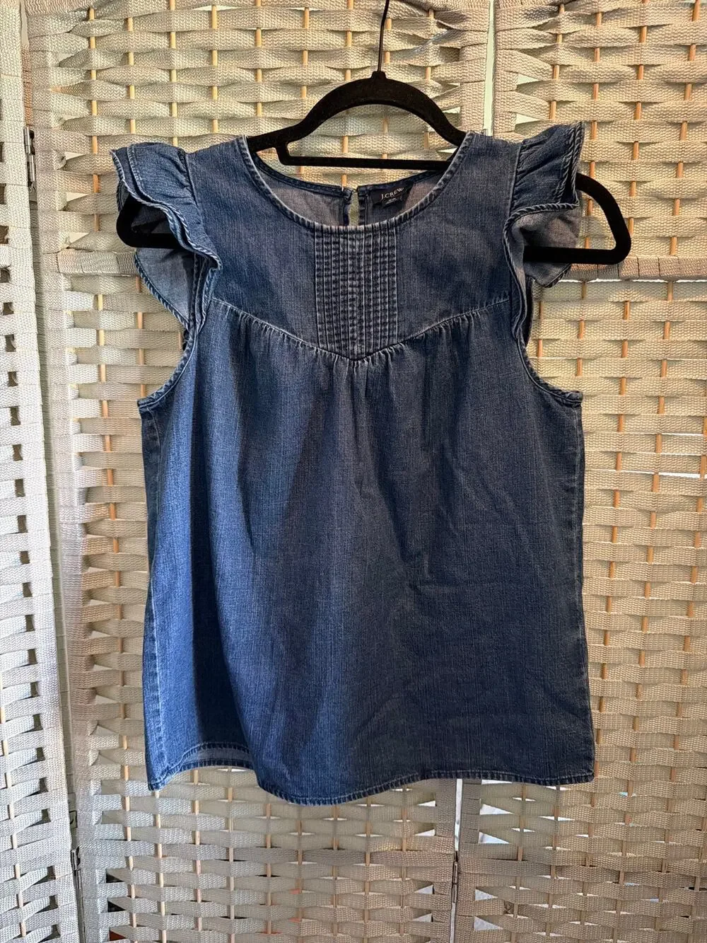 J. Crew Factory Chambray Pleated Ruffle Sleeves Top Blue XS Crew Neckline